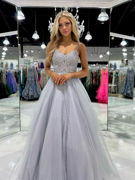 A Line Silver Gray Lace Long Prom Dresses, Silver Gray Lace Formal Dresses, Long Grey Evening Dresses SP3019