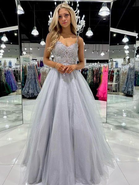 A Line Silver Gray Lace Long Prom Dresses, Silver Gray Lace Formal Dresses, Long Grey Evening Dresses SP3019