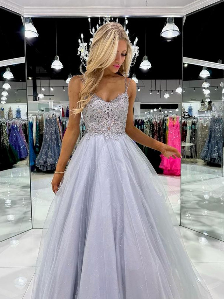 A Line Silver Gray Lace Long Prom Dresses, Silver Gray Lace Formal Dre