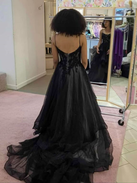 A Line Spaghetti Straps Black Lace Long Prom Dresses, Black Lace Formal Dresses, Black Evening Dresses SP3368