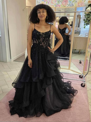 A Line Spaghetti Straps Black Lace Long Prom Dresses, Black Lace Formal Dresses, Black Evening Dresses SP3368