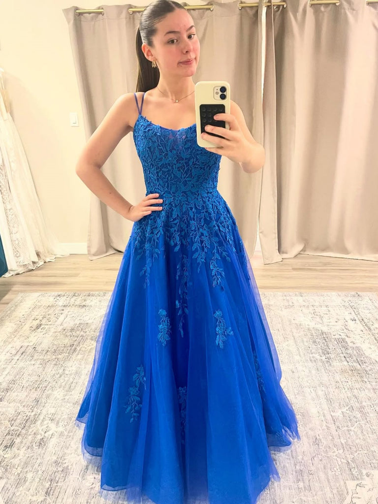A Line Spaghetti Straps Blue Lace Long Prom Dresses, Blue Lace Formal Shiny Party A Line Spaghetti Straps Blue Lace Long Prom Dresses, Blue Lace Formal Shiny Party