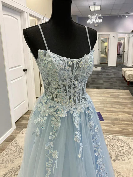 A Line Spaghetti Straps Blue Lace Long Prom Dresses, Blue Lace Formal Graduation Evening Dresses SP3291
