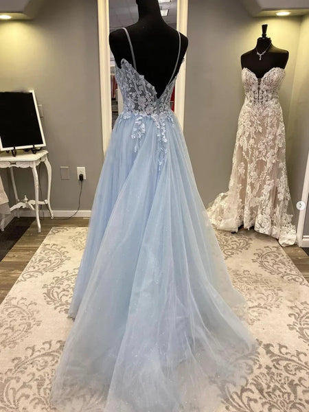 A Line Spaghetti Straps Blue Lace Long Prom Dresses, Blue Lace Formal Graduation Evening Dresses SP3291