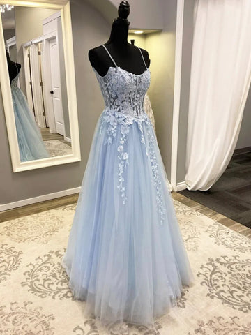 A Line Spaghetti Straps Blue Lace Long Prom Dresses, Blue Lace Formal Graduation Evening Dresses SP3291