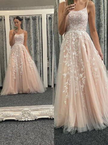 A Line Spaghetti Straps Champagne Lace Long Prom Dresses, Champagne Lace Formal Graduation Evening Dresses SP3004