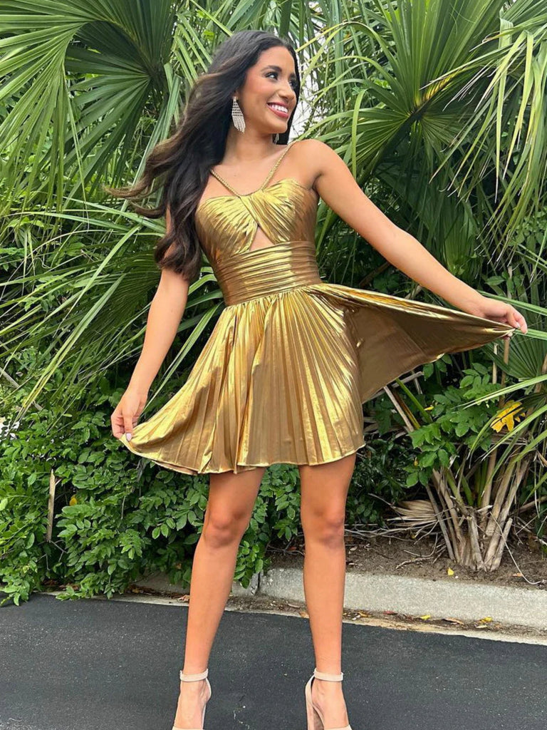 A Line Spaghetti Straps Keyhole Pleated Purple/Champagne Prom Dresses, Shiny Party A Line Spaghetti Straps Keyhole Pleated Purple/Champagne Prom Dresses, Shiny Party