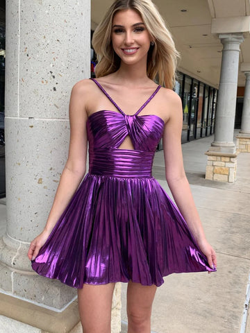 A Line Spaghetti Straps Keyhole Pleated Purple/Champagne Prom Dresses, Purple/Champagne Homecoming Dresses SP2992