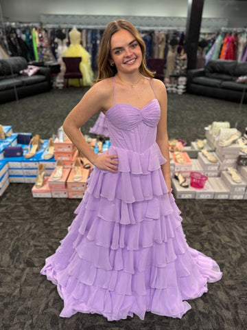 A Line Spaghetti Straps Layered Purple Chiffon Long Prom Dresses, Long Purple Formal Graduation Evening Dresses SP3417