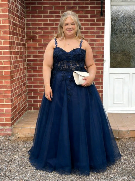 A Line Spaghetti Straps Navy Blue Lace Long Prom Dresses, Navy Blue Lace Formal Graduation Evening Dresses SP3342