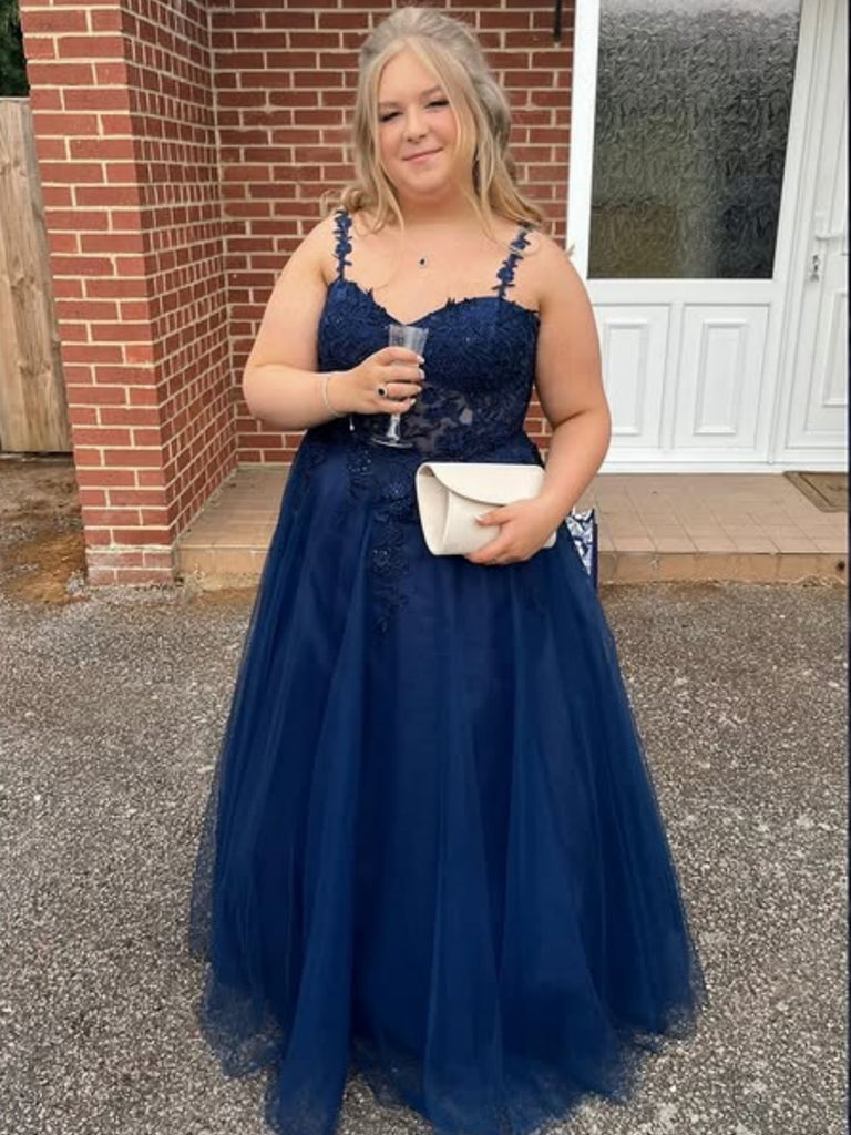 A Line Spaghetti Straps Navy Blue Lace Long Prom Dresses, Navy Blue Lace Formal Graduation Evening Dresses SP3342