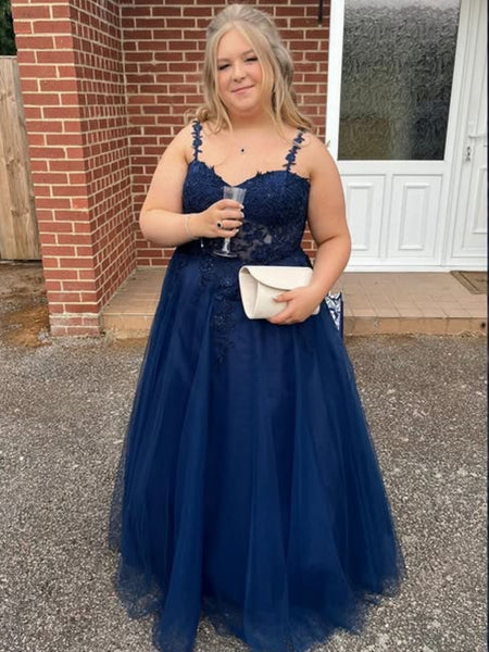A Line Spaghetti Straps Navy Blue Lace Long Prom Dresses, Navy Blue Lace Formal Graduation Evening Dresses SP3342