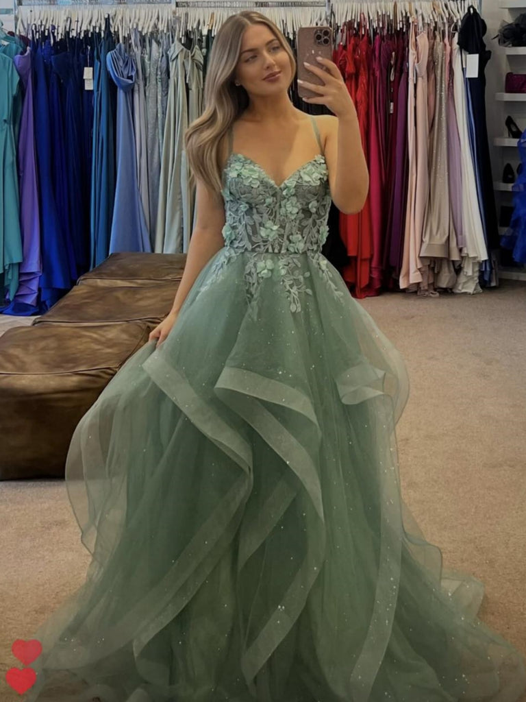 A Line Spaghetti Straps Sage Lace Long Prom Dresses, Sage Lace Formal Shiny Party A Line Spaghetti Straps Sage Lace Long Prom Dresses, Sage Lace Formal Shiny Party