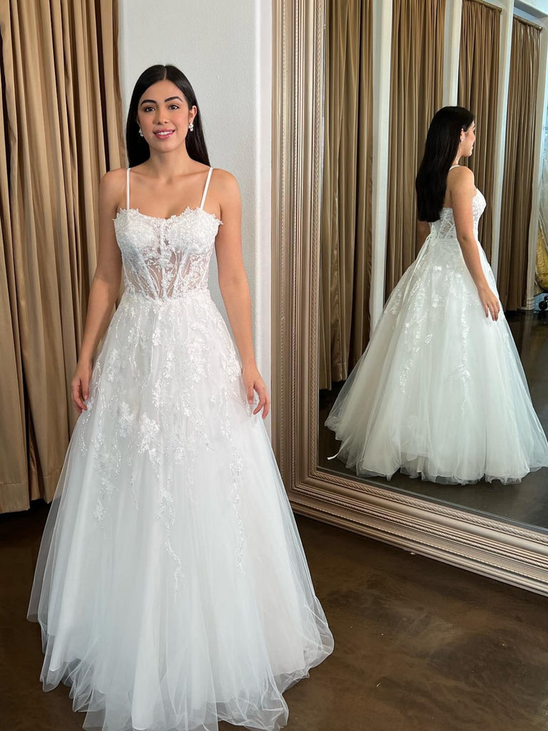 A Line Spaghetti Straps White Lace Long Prom Dresses, White Lace Formal Dresses, White Evening Dresses SP3452