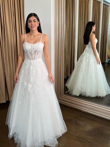 A Line Spaghetti Straps White Lace Long Prom Dresses, White Lace Formal Dresses, White Evening Dresses SP3452