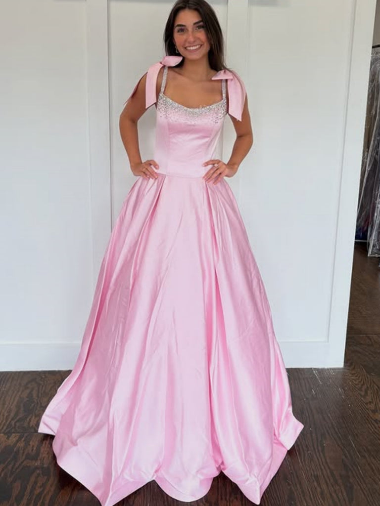 A Line Square Neck Beaded Pink Satin Long Prom Dresses, Long Pink Formal Graduation Evening Dresses SP3355