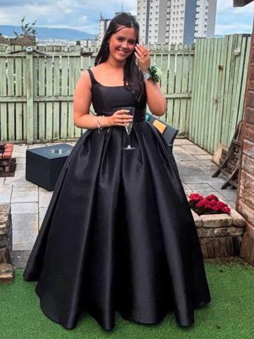 A Line Square Neck Black Satin Long Prom Dresses, Black Formal Graduation Evening Dresses SP3454