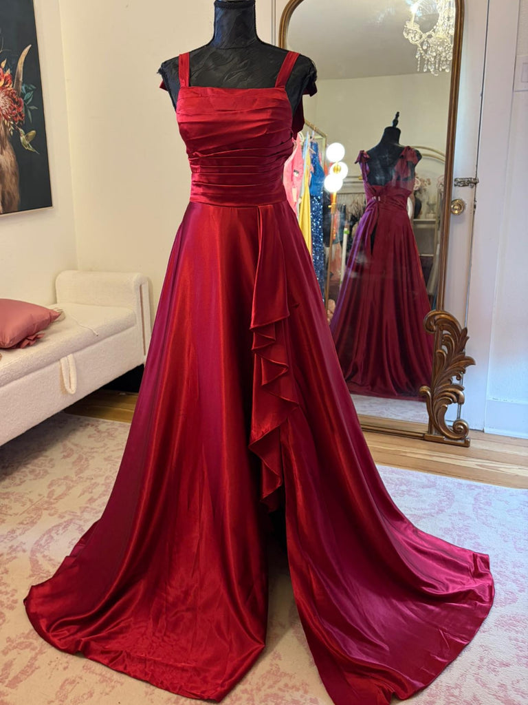 A Line Square Neck Burgundy Satin Long Prom Dresses, Long Burgundy Formal Graduation Evening Dresses SP3424
