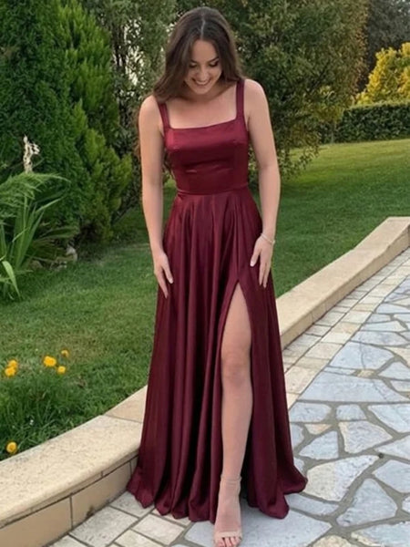 A Line Square Neck Burgundy Satin Long Prom Dresses with Slit, Burgundy Formal Graduation Evening Dresses SP3504