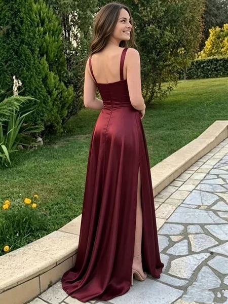 A Line Square Neck Burgundy Satin Long Prom Dresses with Slit, Burgundy Formal Graduation Evening Dresses SP3504