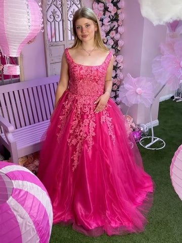 A Line Square Neck Hot Pink Lace Long Prom Dresses, Hot Pink Lace Formal Dresses, Hot Pink Tulle Evening Dresses SP3367