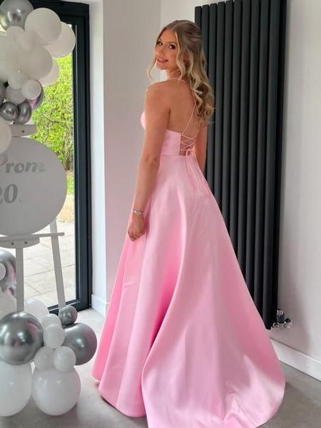 A Line Square Neck Open Back Pink Satin Long Prom Dresses, Long Pink Formal Graduation Evening Dresses SP3476