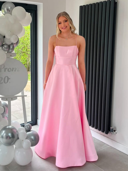 A Line Square Neck Open Back Pink Satin Long Prom Dresses, Long Pink Formal Graduation Evening Dresses SP3476