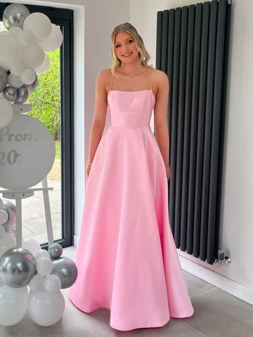 A Line Square Neck Open Back Pink Satin Long Prom Dresses, Long Pink Formal Graduation Evening Dresses SP3476