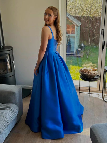 A Line Square Neck Open Back Royal Blue Long Prom Dresses, Royal Blue Satin Formal Graduation Evening Dresses SP3464
