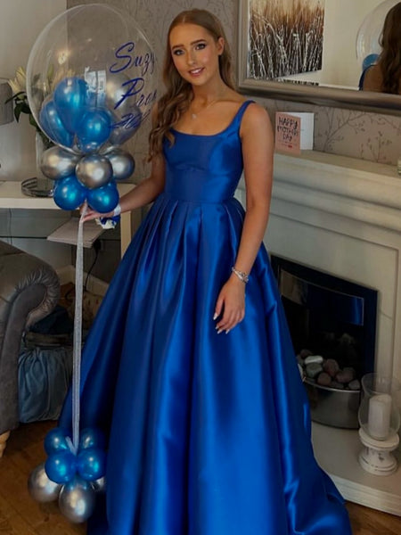 A Line Square Neck Open Back Royal Blue Long Prom Dresses, Royal Blue Satin Formal Graduation Evening Dresses SP3464
