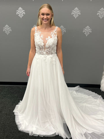 A Line Square Neck White Lace Long Prom Dresses with Train, White Lace Wedding Dresses, White Formal Evening Dresses SP3332