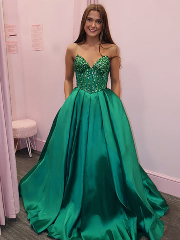 A Line Strapless Beaded Green Satin Long Prom Dresses, Long Green Formal Graduation Evening Dresses SP3433