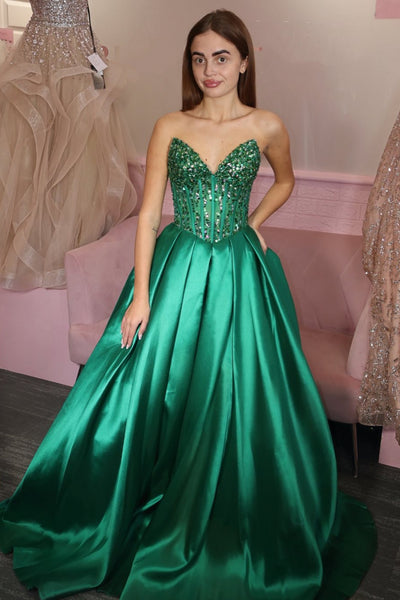 A Line Strapless Beaded Green Satin Long Prom Dresses, Long Green Formal Graduation Evening Dresses SP3433