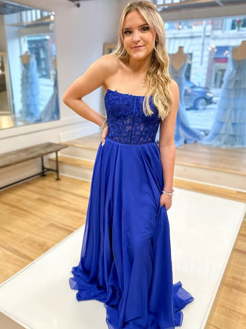 A Line Strapless Blue Lace Long Prom Dresses, Blue Lace Formal Graduation Evening Dresses