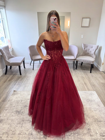 A Line Strapless Burgundy Lace Long Prom Dresses, Burgundy Lace Formal Dresses, Burgundy Evening Dresses SP3333