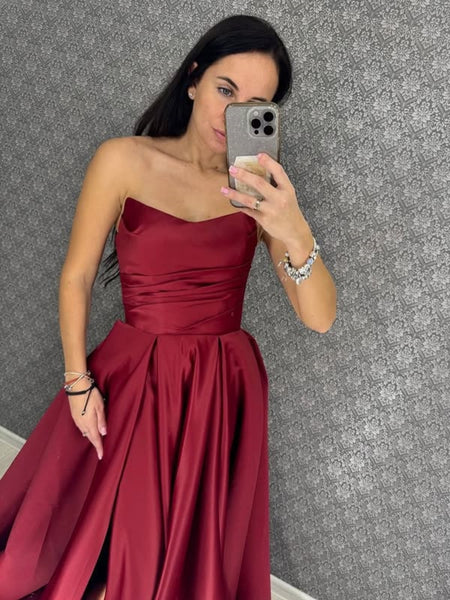 A Line Strapless Burgundy Satin Long Prom Dresses with Slit, Long Burgundy Formal Graduation Evening Dresses SP3394