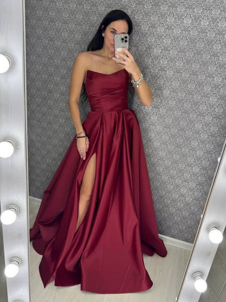 A Line Strapless Burgundy Satin Long Prom Dresses with Slit, Long Burgundy Formal Graduation Evening Dresses SP3394