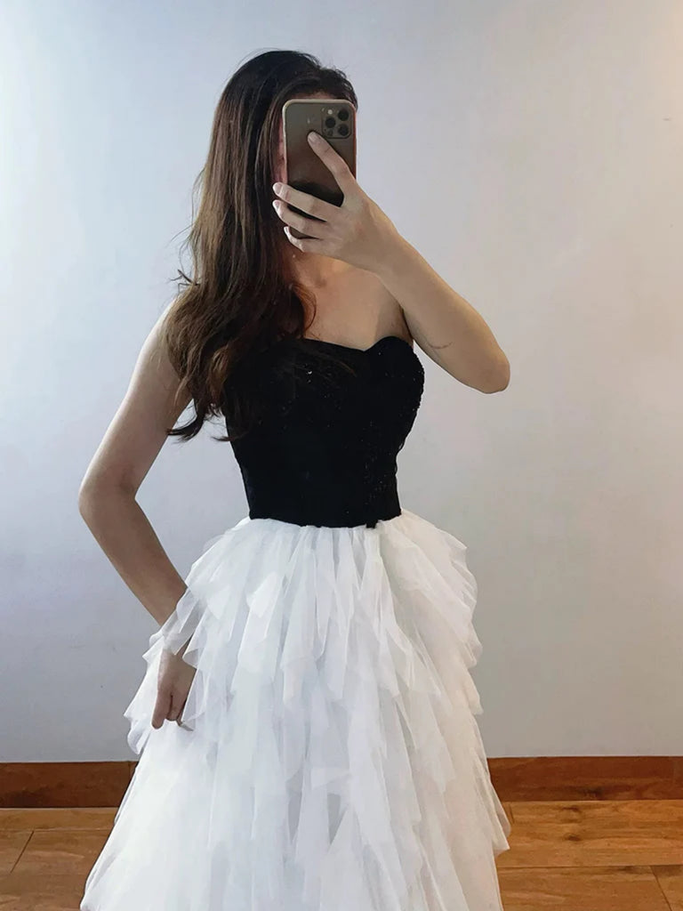 A Line Strapless Fluffy White Tulle Long Prom Dresses with Black Top, Shiny Party A Line Strapless Fluffy White Tulle Long Prom Dresses with Black Top, Shiny Party
