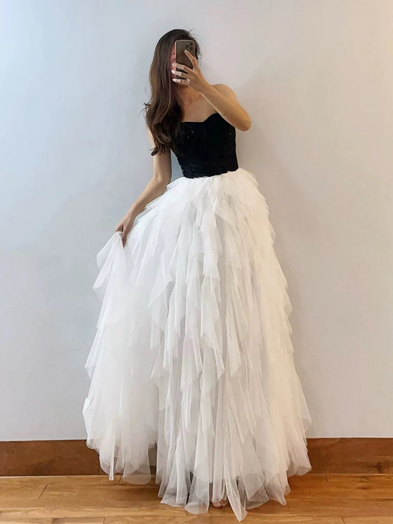 A Line Strapless Fluffy White Tulle Long Prom Dresses with Black Top, Shiny Party A Line Strapless Fluffy White Tulle Long Prom Dresses with Black Top, Shiny Party