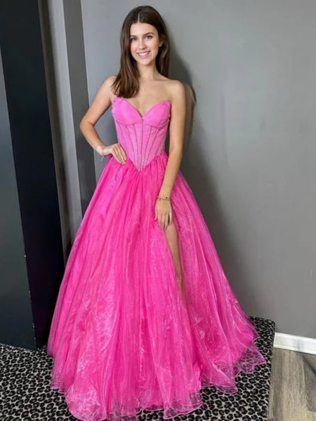 A Line Strapless Hot Pink Tulle Long Prom Dresses with High Slit, Long Hot Pink Formal Graduation Evening Dresses SP3034