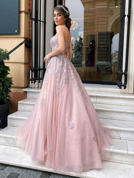 A Line Strapless Pink Lace Long Prom Dresses, Pink Lace Formal Dresses, Pink Evening Dresses SP3252