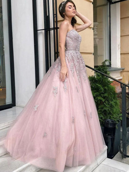 A Line Strapless Pink Lace Long Prom Dresses, Pink Lace Formal Dresses, Pink Evening Dresses SP3252