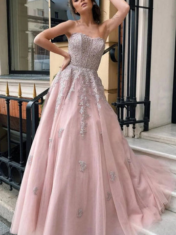 A Line Strapless Pink Lace Long Prom Dresses, Pink Lace Formal Dresses, Pink Evening Dresses SP3252