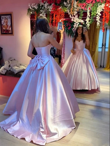 A Line Strapless Pink Satin Long Prom Dresses, Pink Formal Graduation Evening Dresses SP3514