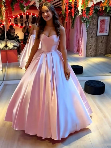 A Line Strapless Pink Satin Long Prom Dresses, Pink Formal Graduation Evening Dresses SP3514