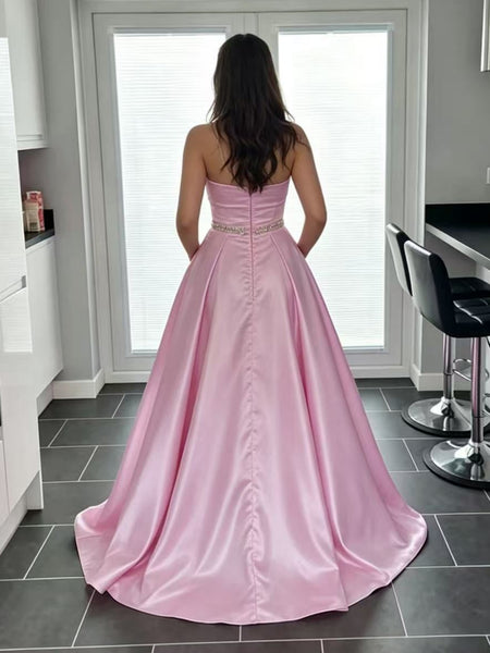 A Line Strapless Pink Satin Long Prom Dresses with Belt, Long Pink Formal Graduation Evening Dresses SP3510