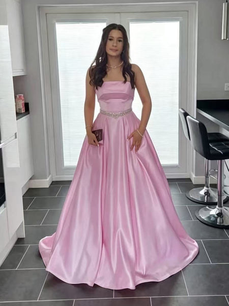 A Line Strapless Pink Satin Long Prom Dresses with Belt, Long Pink Formal Graduation Evening Dresses SP3510