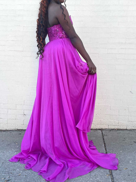 A Line Strapless Purple Lace Long Prom Dresses, Purple Lace Formal Dresses, Purple Chiffon Evening Dresses SP2849