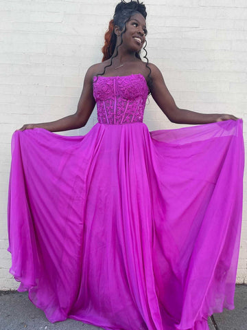 A Line Strapless Purple Lace Long Prom Dresses, Purple Lace Formal Dresses, Purple Chiffon Evening Dresses SP2849