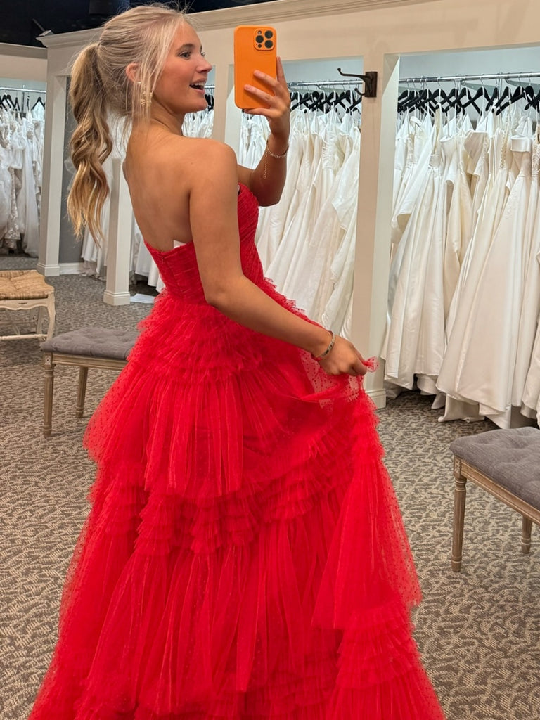 A Line Strapless Ruffle Red Tulle Long Prom Dresses, Long Red Formal G
